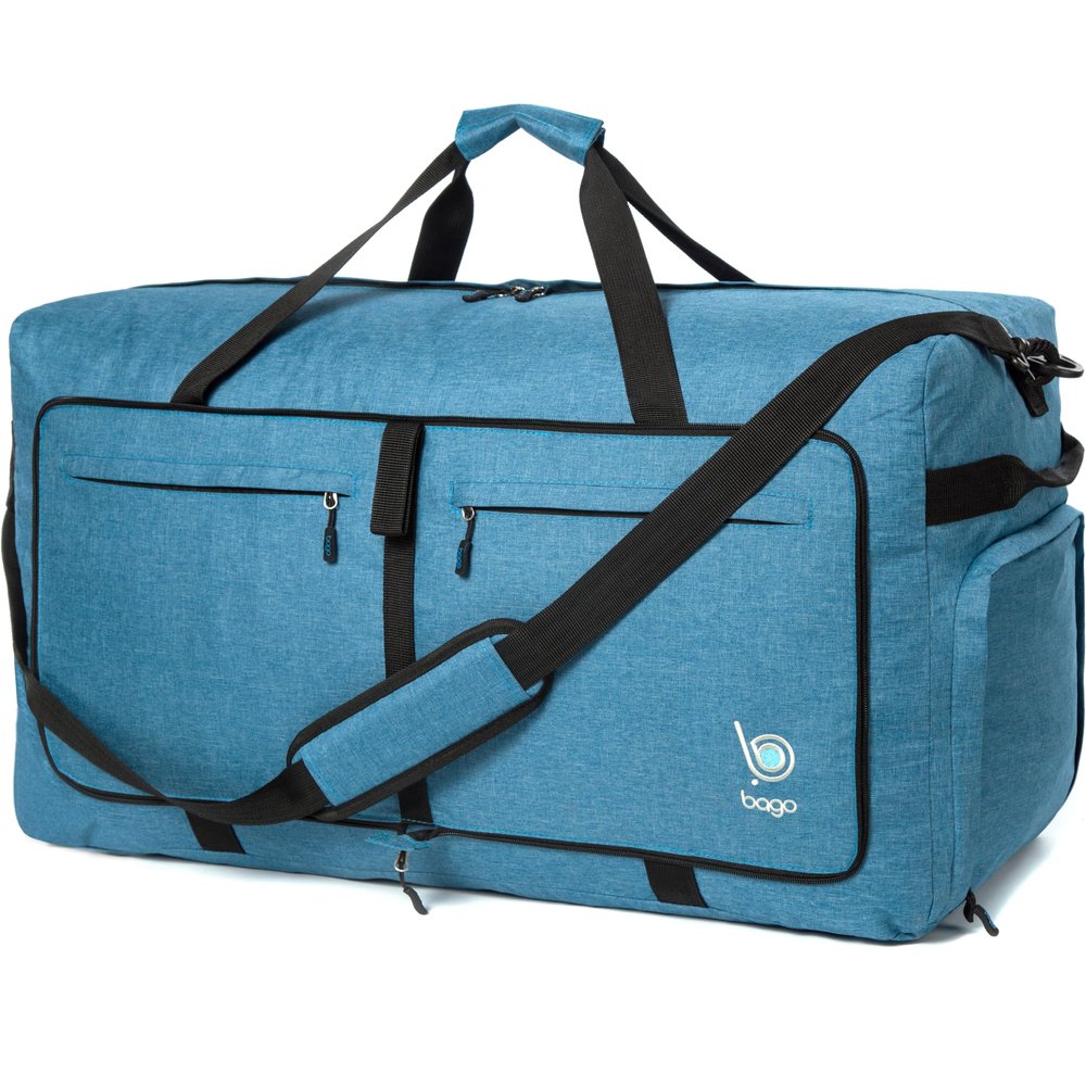 Bago Big XXL Foldable Duffel Bags for Traveling Women & Men - 140L Packable Duffle Bag for Travel with Shoe Compartment - Water Repellant, Heavy Duty, Lightweight Folding & Collapsible (SnowBlue)