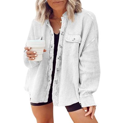 ebossy Women's Waffle Button Down Shirt Causal Batwing Long Sleeve Baggy Fit Knit Jacket Shacket (Medium, White)