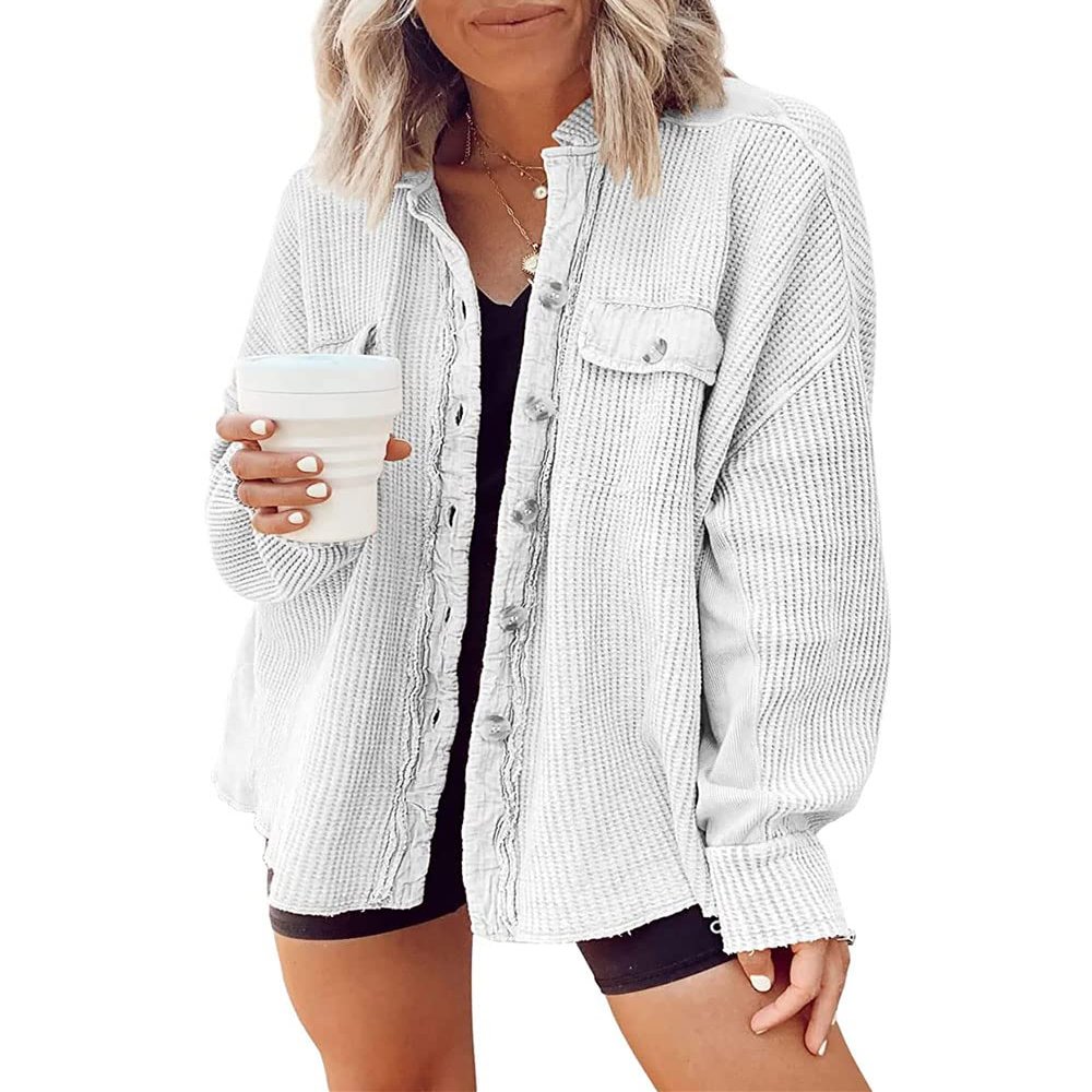 ebossy Women's Waffle Button Down Shirt Causal Batwing Long Sleeve Baggy Fit Knit Jacket Shacket (Medium, White)