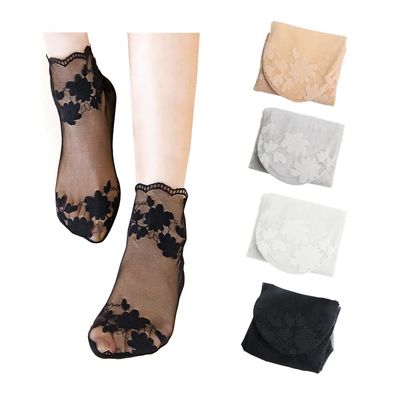Acxico womens 4Pcs Leaves Lace Invisible Thin Boat Hollow Non-slip Shallow Socks, Black, moderate