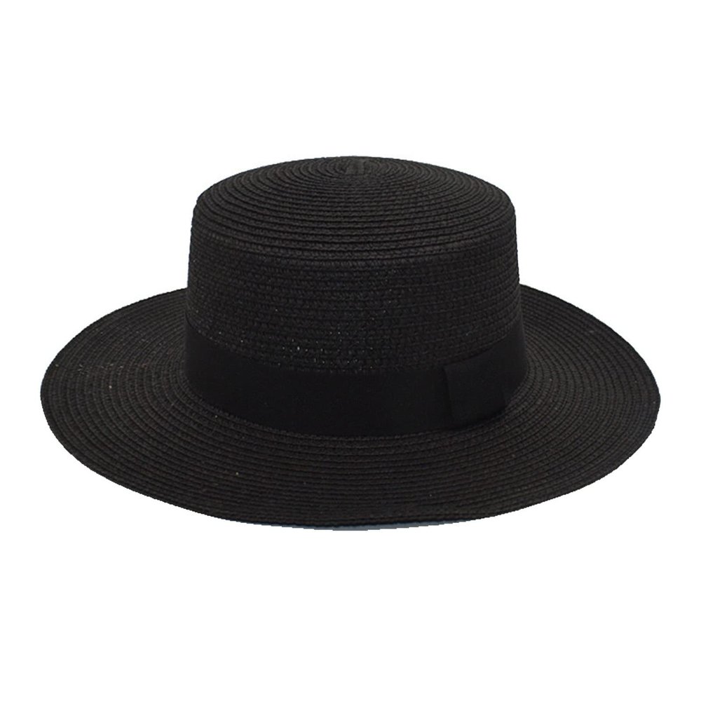 Mens and Womens Square Buckle Dome Panama Lafite Flat Top Straw Hat Summer Travel Sunshade Bucket Rain Hat Men Black