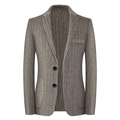 Men's Vintage Wool Blend Blazer 2 Button Casual Pinstripe Sports Coat Basic Striped Slim Fit Business Suit Jacket (Khaki,Medium)