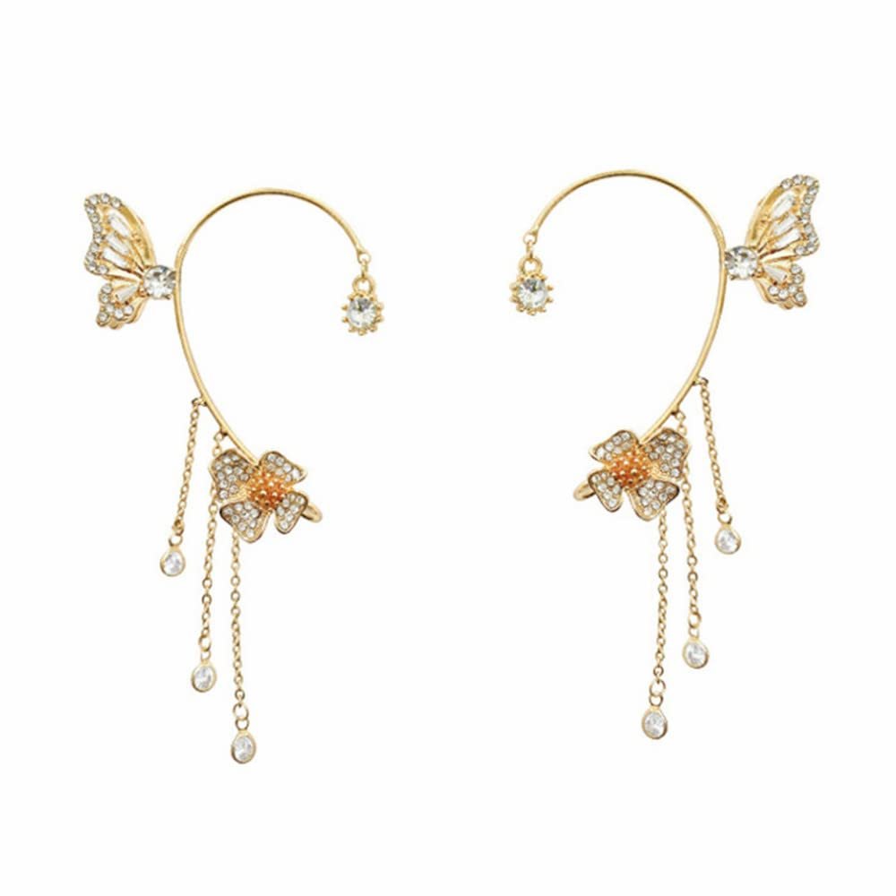 2PCS Women's Clip-On Earrings Without Pierced Rose Flower Bone Clip Butterfly (Butterfly Flower Tassel Clips)