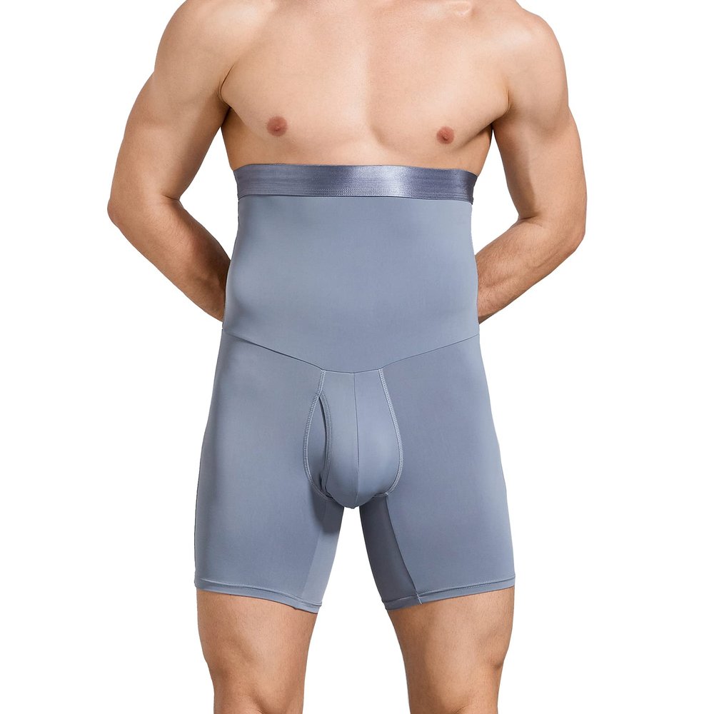 Ouruikia Men's Tummy Control Shapewear High Waist Body Shaper Slimming Underwear Shorts Belly Girdle Boxer Briefs with Fly Grey 2XL