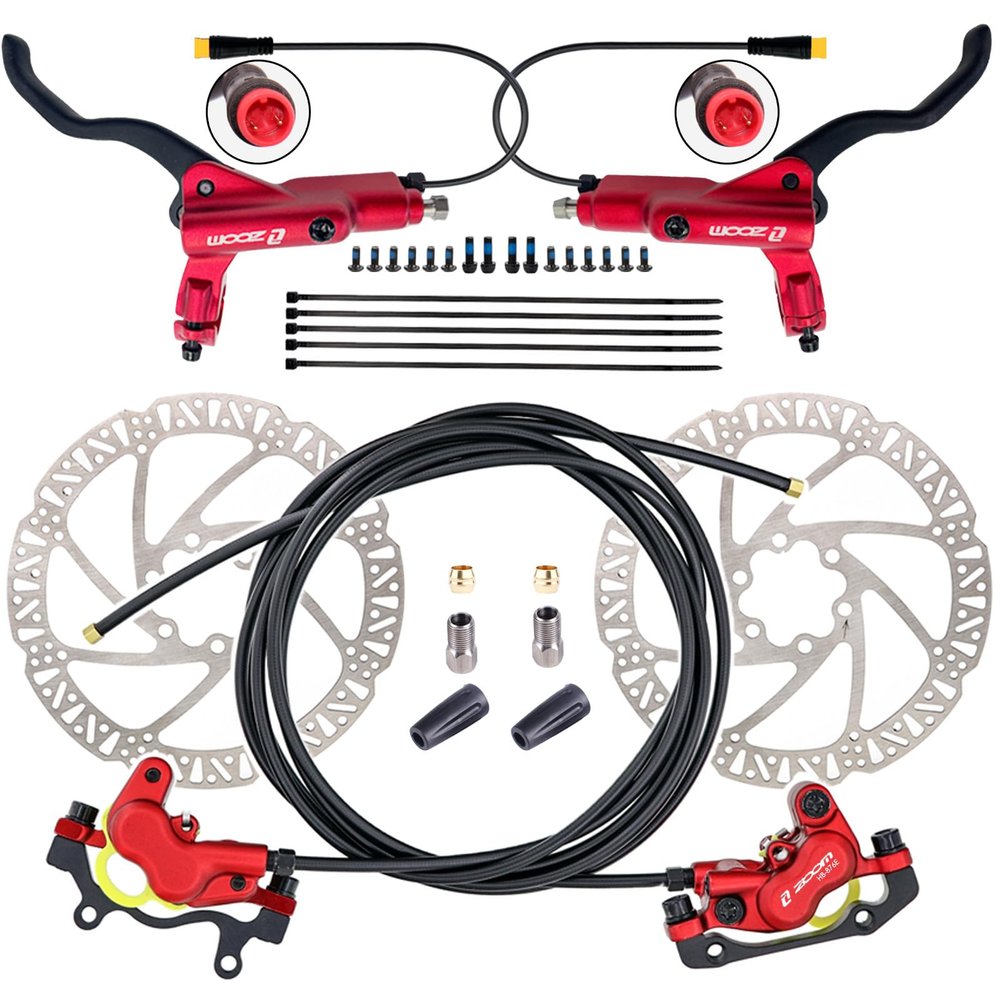 CooMeng Zoom HB876E 2-PIN 4-Pistons E-Bike Electric Power-Off Hydraulic Brake Set with 180mm Rotors, Pre-Bled Hydraulic Disc Brake Caliper Lever for eBike (Included Mounting Adapter) - Red