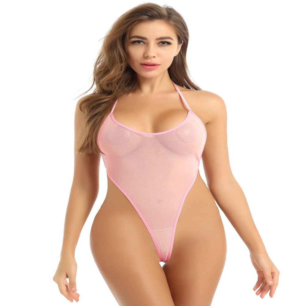 Vxuxlje Women's One Piece Lingerie Swimwear See Through Sheer Mesh Body Suits High Cut Bathing Suit Pink B One Size