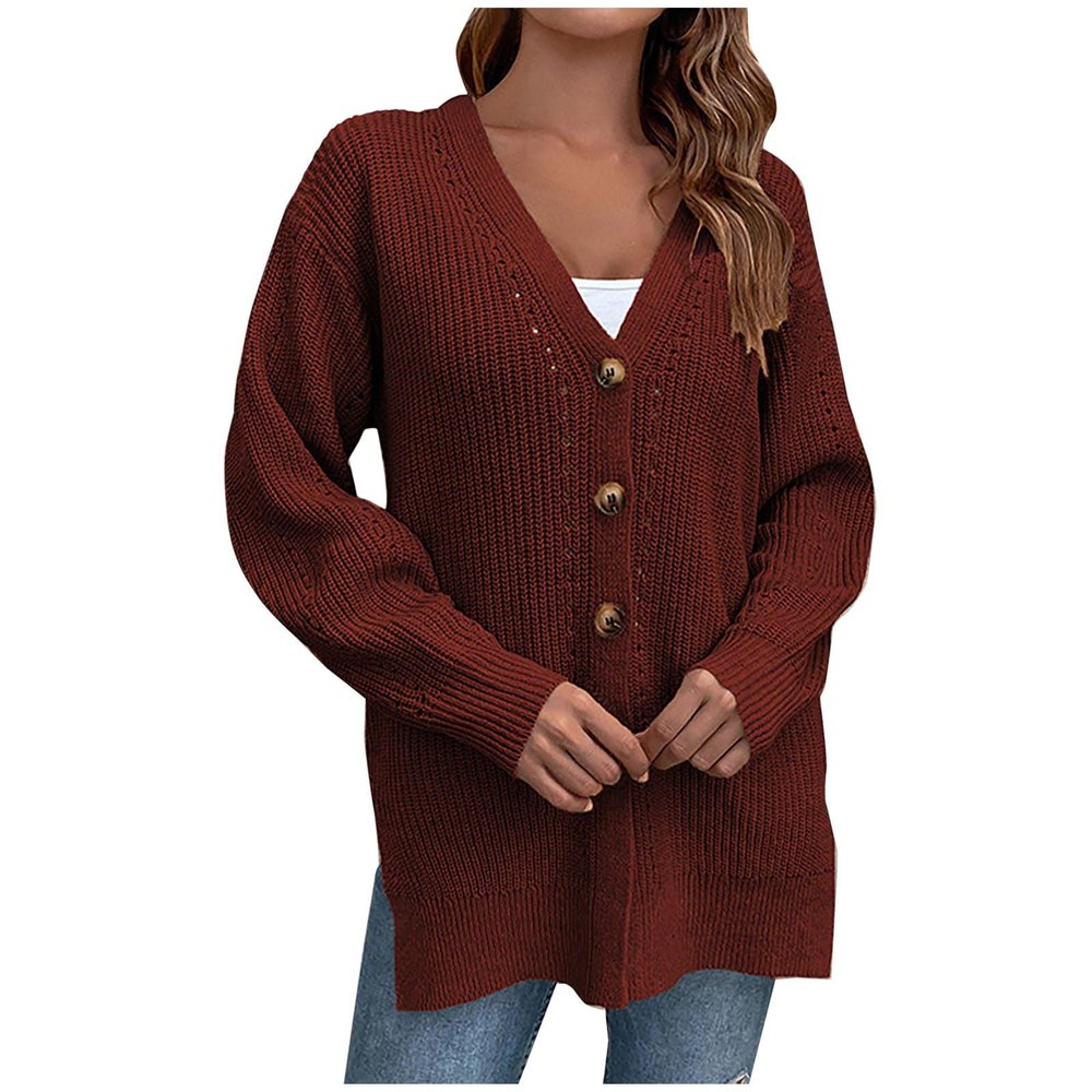 tuduoms Womens Long Sleeve Cardigan Sweaters with Side Slit Fall Fashion Chunky Knit Loose Lighweight Button Up Sweater Coats