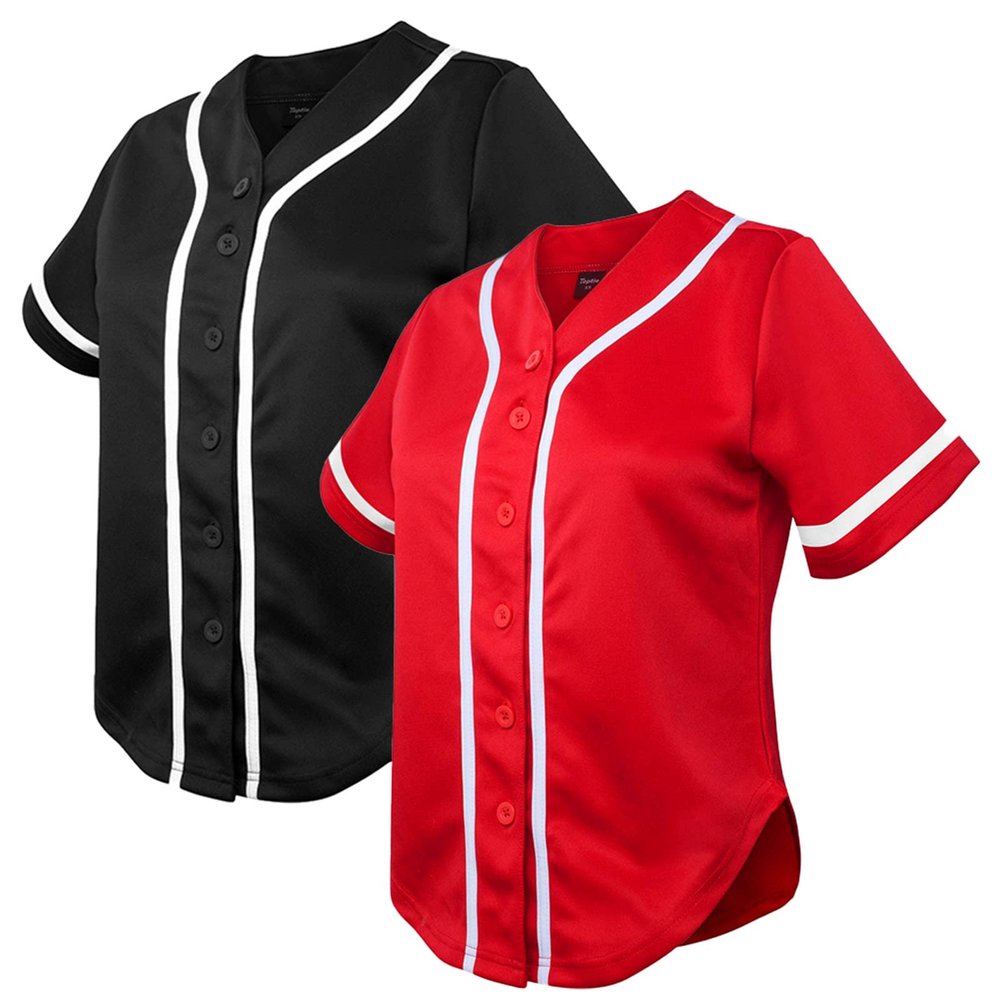 TopTie 2 Pack Women's Baseball Jersey Softball Jersey Button Down Shirts-Black red-XS