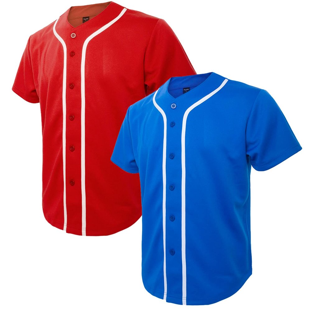 TopTie 2 Pack Men's Baseball Jersey Button Down Jersey Short Sleeve Shirt-Blue Red-M