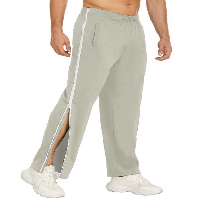 Deyeek Mens Tear Away Basketball Pants Side Zippers Snap Full Open Bottom Breakaway Sweatpants with Zipper Legs Post Surgery Pant Light Grey