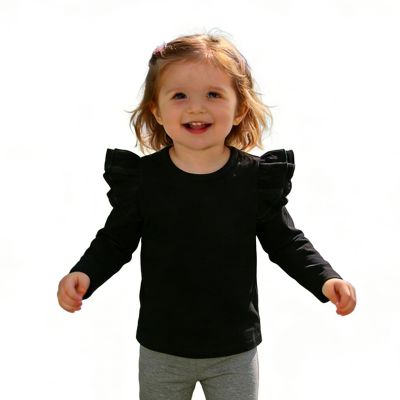 Sanpersonlin Toddler Baby Girl Solid Color T Shirt Kids Blouse Basic Plain Ruffle Top Cotton Casual Clothes (0020A-Long Sleeve Black, 5-6 Years)