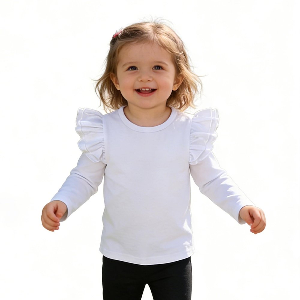 Sanpersonlin Toddler Baby Girl Solid Color T Shirt Kids Blouse Basic Plain Ruffle Top Cotton Casual Clothes (0020B-Long Sleeve White, 4-5 Years)