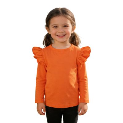 Sanpersonlin Toddler Baby Girl Solid Color T Shirt Kids Blouse Basic Plain Ruffle Top Cotton Casual Clothes (0020G-Long Sleeve Orange, 6-7 Years)
