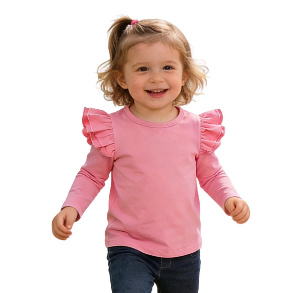 Sanpersonlin Toddler Baby Girl Solid Color T Shirt Kids Blouse Basic Plain Ruffle Top Cotton Casual Clothes (0020C-Long Sleeve Pink, 6-7 Years)