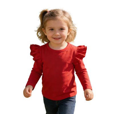 Sanpersonlin Toddler Baby Girl Solid Color T Shirt Kids Blouse Basic Plain Ruffle Top Cotton Casual Clothes (0020D-Long Sleeve Red, 4-5 Years)