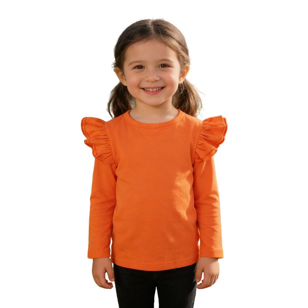 Sanpersonlin Toddler Baby Girl Solid Color T Shirt Kids Blouse Basic Plain Ruffle Top Cotton Casual Clothes (0020G-Long Sleeve Orange, 5-6 Years)