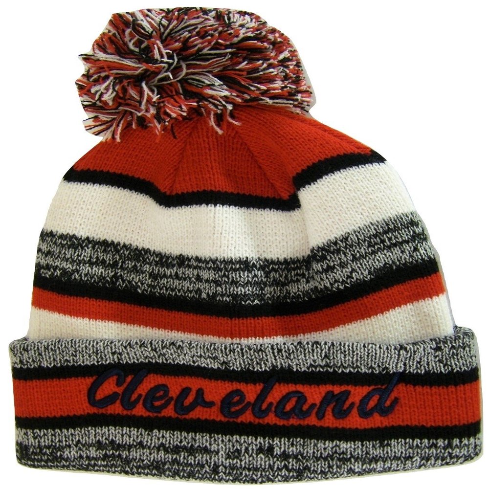4-Color Embroidered Thick Winter Knit Pom Beanie Hat (Red/Navy Blue Script)
