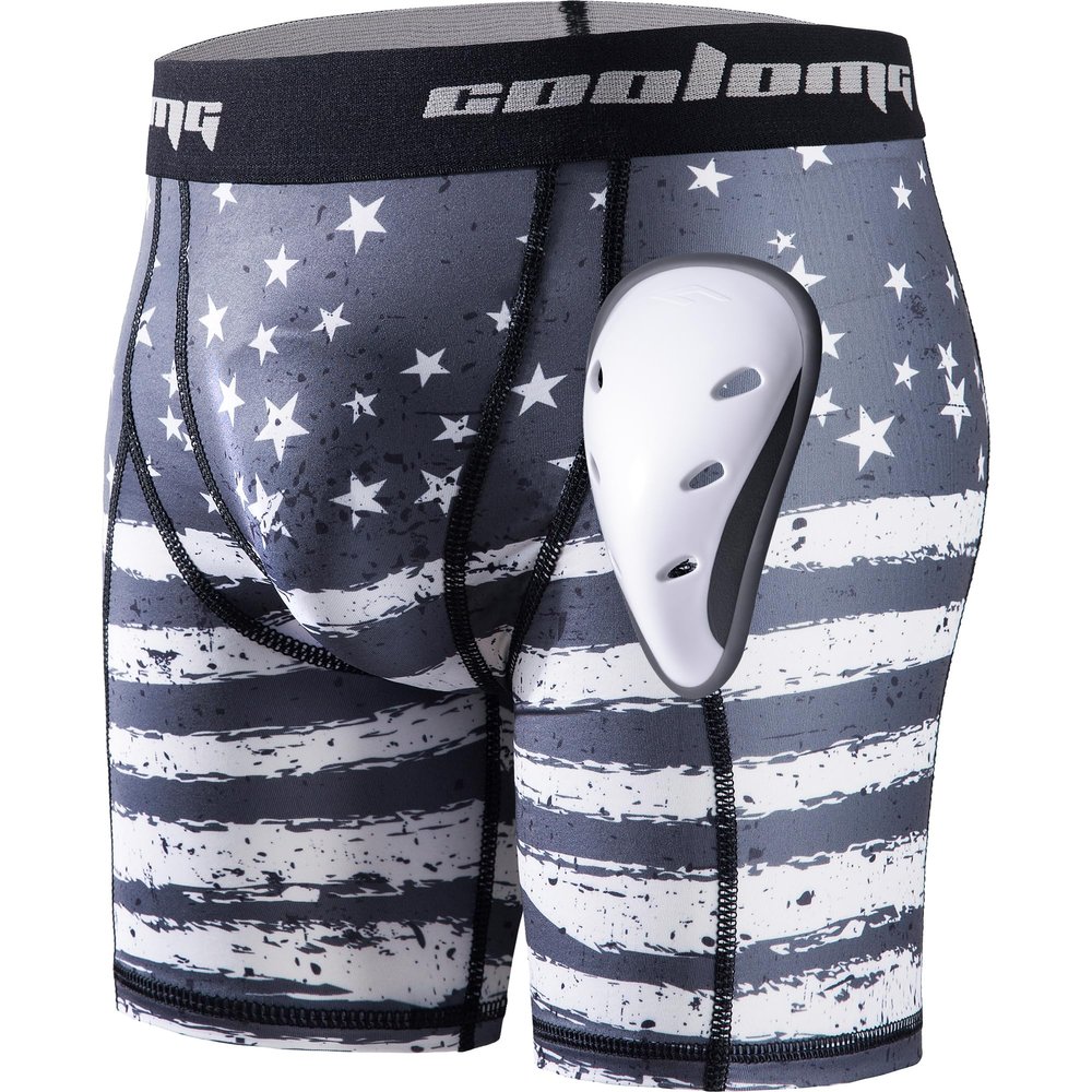 COOLOMG Men Compression Shorts with Cup Protective Athletic Underwear for Baseball Football MMA, Grey US Flag L