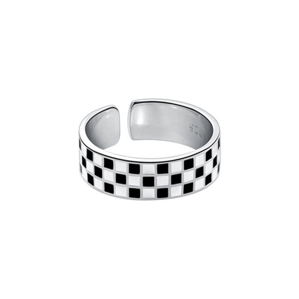 CHABER Real 925 Sterling Silver Rings Black White Glaze Checkers Opening Rings for Women Wedding Party Fine Jewelry