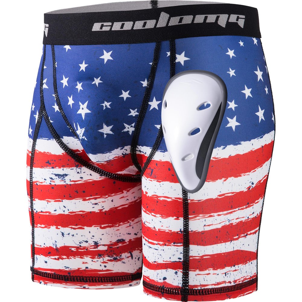 COOLOMG Men Compression Shorts with Cup Athletic Protective Underwear for Baseball Football Lacrosse MMA Hockey, US Flag, L