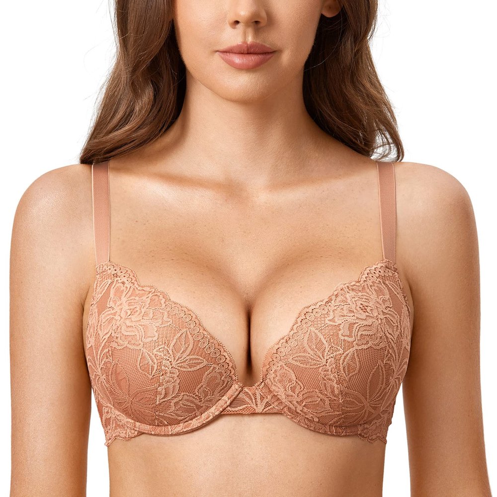 DOBREVA Women's Lace Push Up Bra Underwire Plunge Cream Coffee 36C