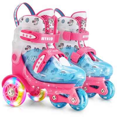 HYKID Toddler Roller Skates, 4 Adjustable Sizes, Fun Illuminating, Safety Three-Point Type, Breathable Upper, Beginners' Roller Skates for Girls Boys Kids (Unicorn Rose Pink, XS-Small,8-10.5)