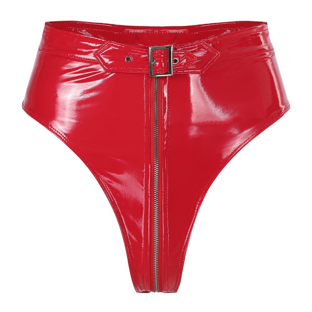 Loloda Women Shiny Wetlook PVC Leather High Waisted Booty Shorts Crotch Zipper Knickers Red 3X-Large