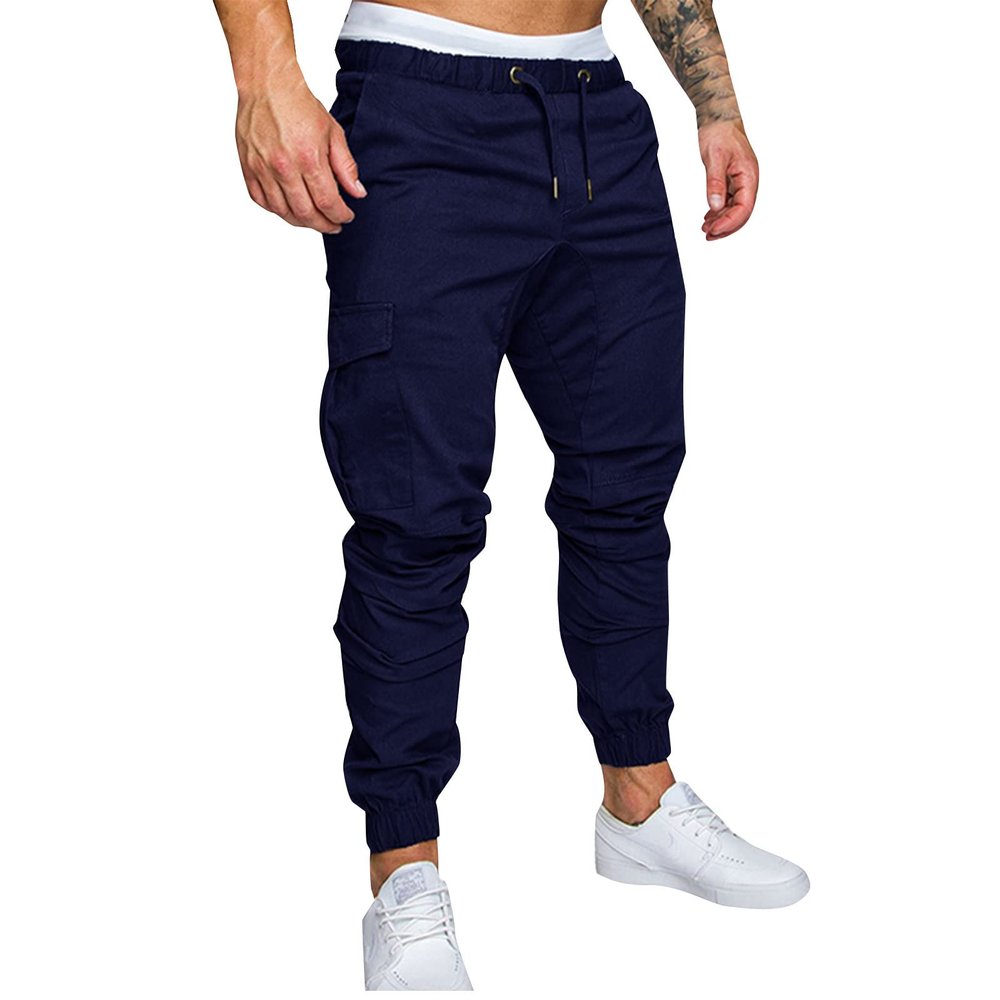 Regular Fit Pants Male Winter Breathable Straight Leg Pants Elasticated Waist Tactical with Pockets Soft Partys Plus Size Solid Cargo Mens A-Navy