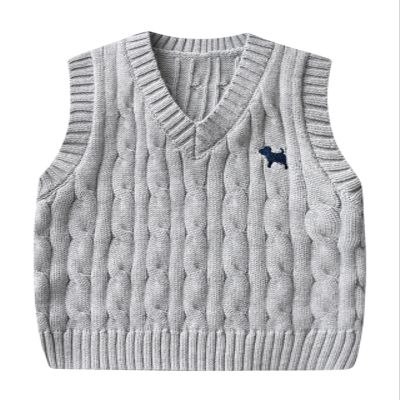 Yimutian Toddler Boys Girls V Neck Knitted Sweater Vest Kids Knitted Vest Cotton Embroidery Doggy Pattern Knitwear Jumpers Grey 4-5T