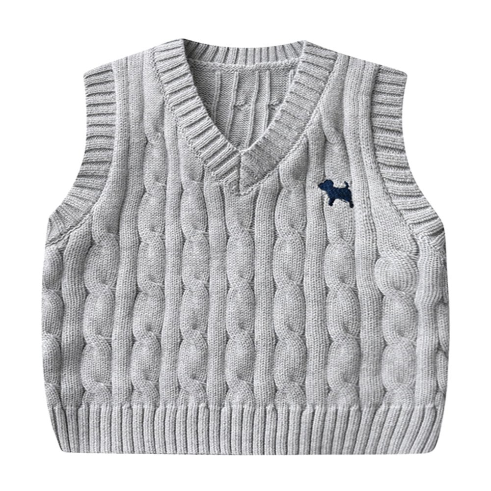 Yimutian Toddler Boys Girls V Neck Knitted Sweater Vest Kids Knitted Vest Cotton Embroidery Doggy Pattern Knitwear Jumpers Grey 4-5T