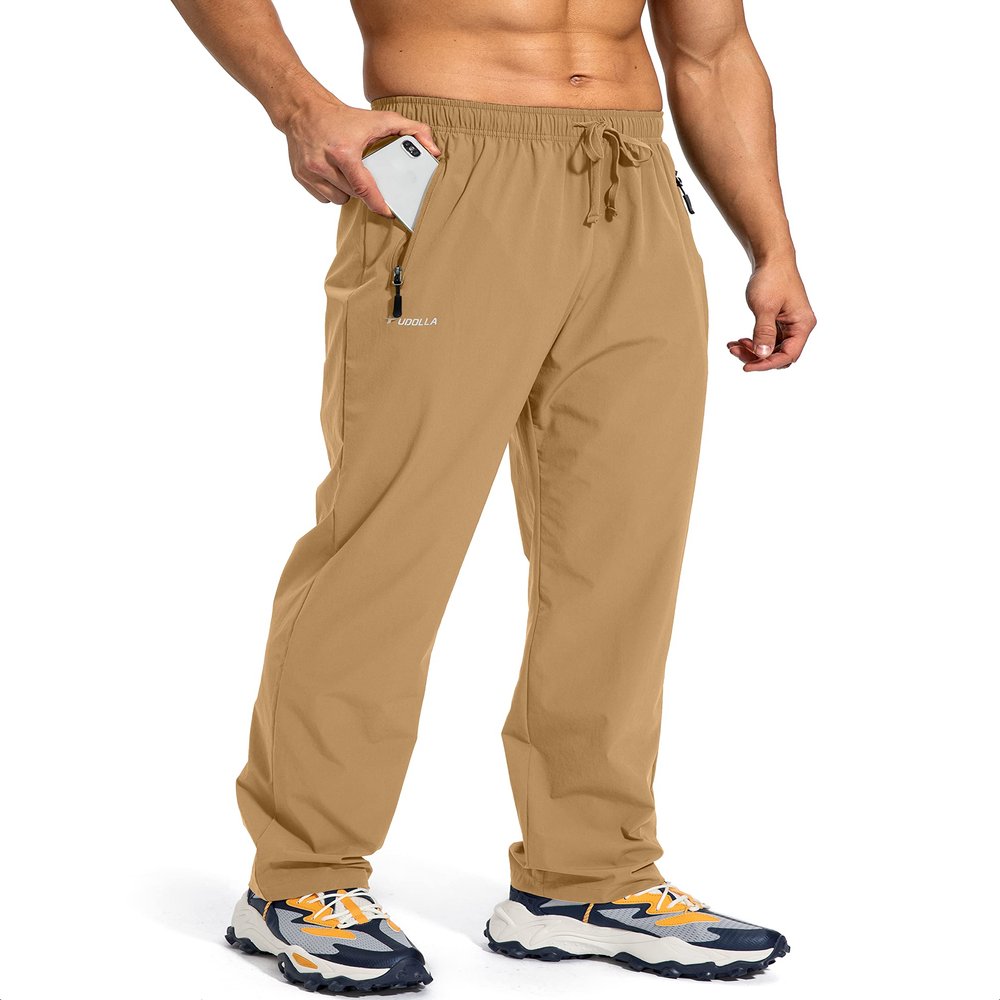 Pudolla Men's Workout Athletic Pants Elastic Waist Jogging Running Pants for Men with Zipper Pockets (Deep Khaki Large)