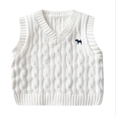 Yimutian Toddler Boys Girls V Neck Knitted Sweater Vest Kids Knitted Vest Cotton Embroidery Doggy Pattern Knitwear Jumpers White 2-3T