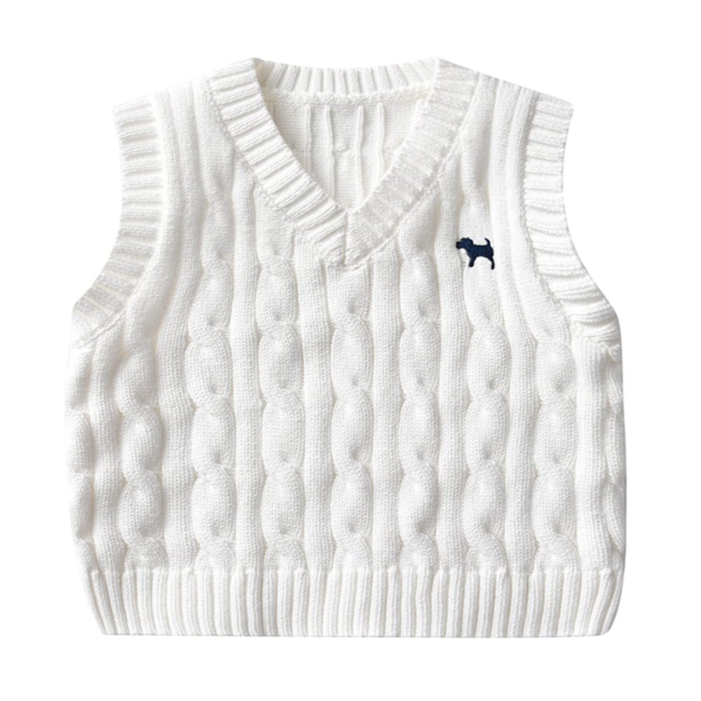 Yimutian Toddler Boys Girls V Neck Knitted Sweater Vest Kids Knitted Vest Cotton Embroidery Doggy Pattern Knitwear Jumpers White 2-3T