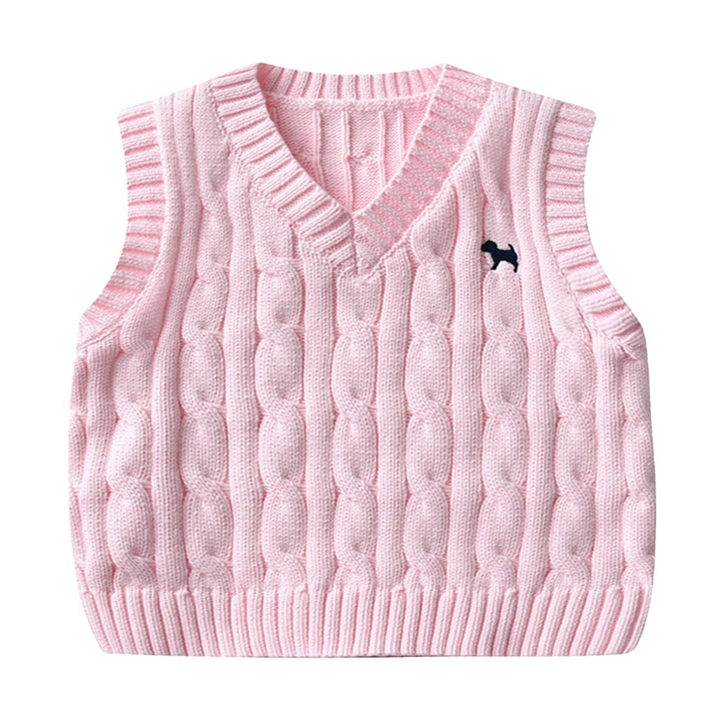 Yimutian Toddler Boys Girls V Neck Knitted Sweater Vest Kids Knitted Vest Cotton Embroidery Doggy Pattern Knitwear Jumpers Pink 5-6 Years