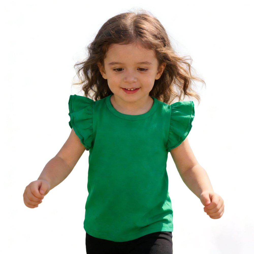 Sanpersonlin Toddler Baby Girl Solid Color T Shirt Kids Blouse Basic Plain Ruffle Top Cotton Casual Clothes (0021E-Short Sleeve Green, 4-5 Years)