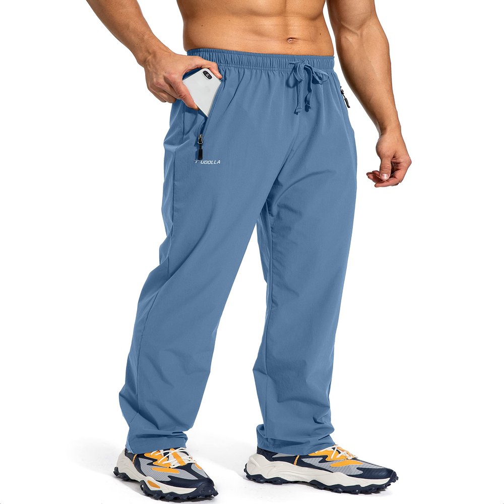 Pudolla Men's Workout Athletic Pants Elastic Waist Jogging Running Pants for Men with Zipper Pockets (Lichen Blue Large)