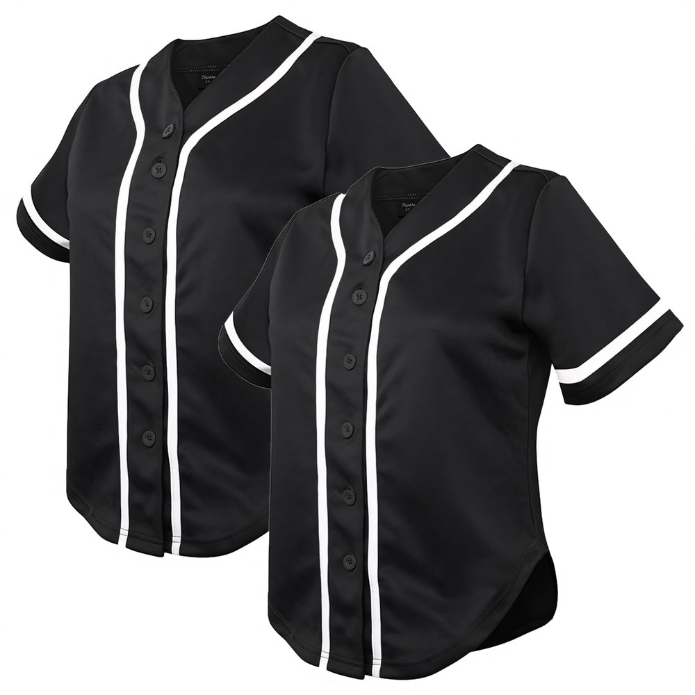 TopTie 2 Pack Women's Baseball Jersey Softball Jersey Button Down Shirts-Black Black-XL