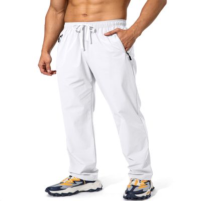 Pudolla Men's Workout Athletic Pants Elastic Waist Jogging Running Pants for Men with Zipper Pockets (White Large)