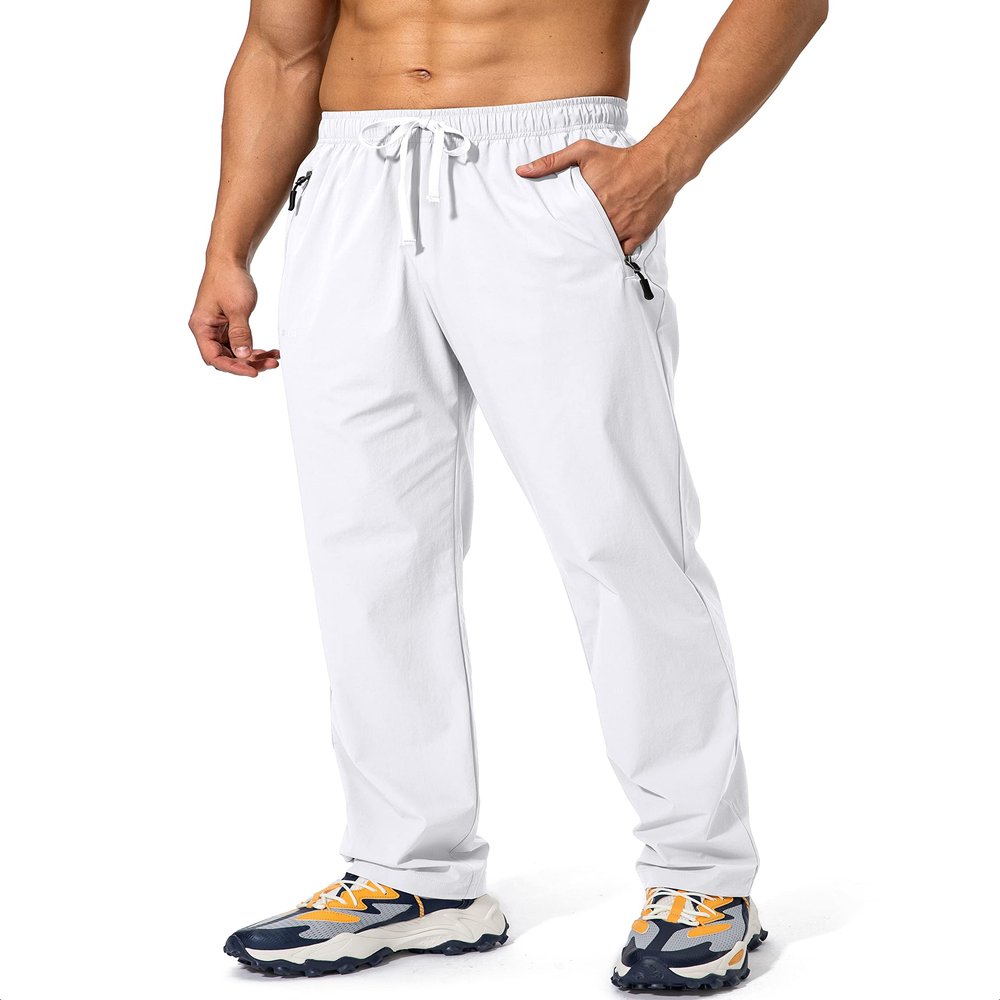 Pudolla Men's Workout Athletic Pants Elastic Waist Jogging Running Pants for Men with Zipper Pockets (White Large)