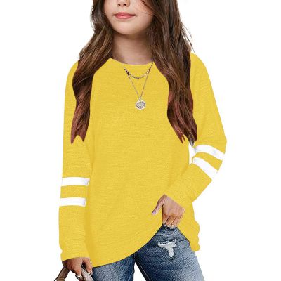 Kids Girls Tunic Tops Crewneck Blouse T-Shirt Soft Striped Long Sleeve Casual Pullover (Yellow-D, 12-13 Years)