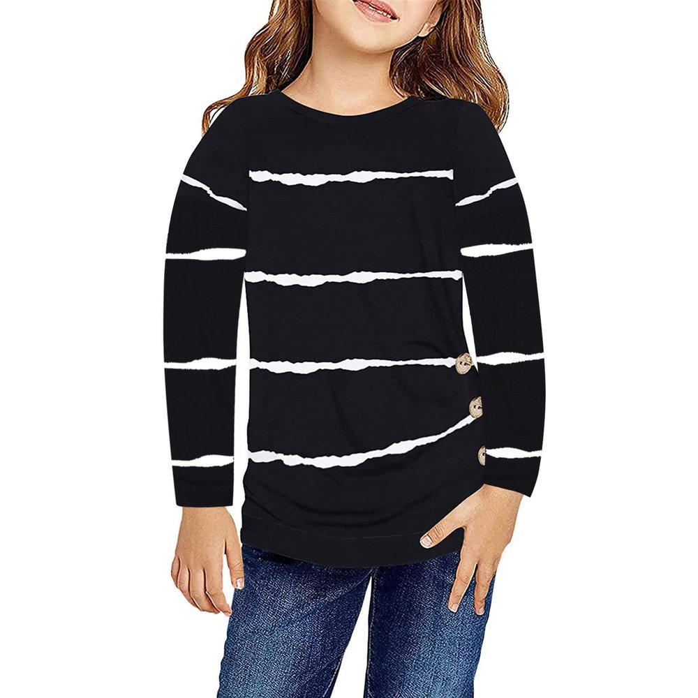 Girls Casual Long Sleeve T Shirts Crewneck Tunic Tops 4-13Y Kids Button Solid Tee Blouses Fall (Black-3, 12-13 Years)
