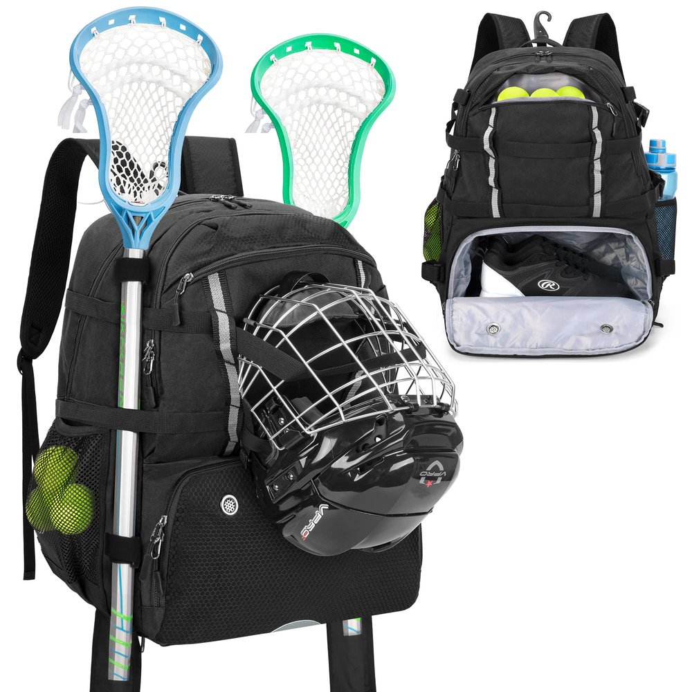 DSLEAF Lacrosse Bag with Stick Holder, Lacrosse Backpack with External Buckle Straps to Fix Helmet, Separate Shoe Space and Other Pockets to Hold Shoes US Mens 13 and Other Lacrosse Equipment