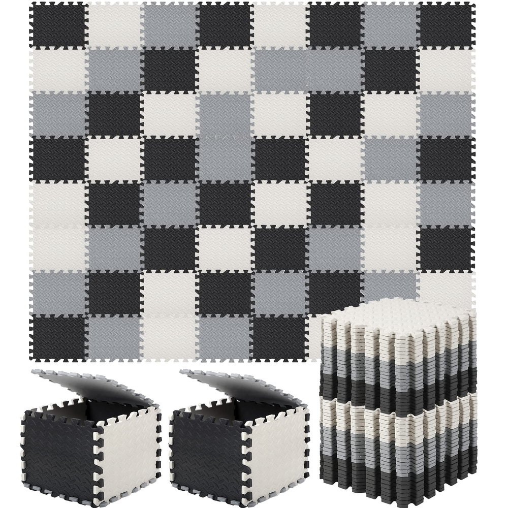Shihanee Foam Floor Tiles Foam Floor Mats Play Mats Bulk with Borders Interlocking for Gym Nursery Bedroom(64ft,Black, White and Gray)