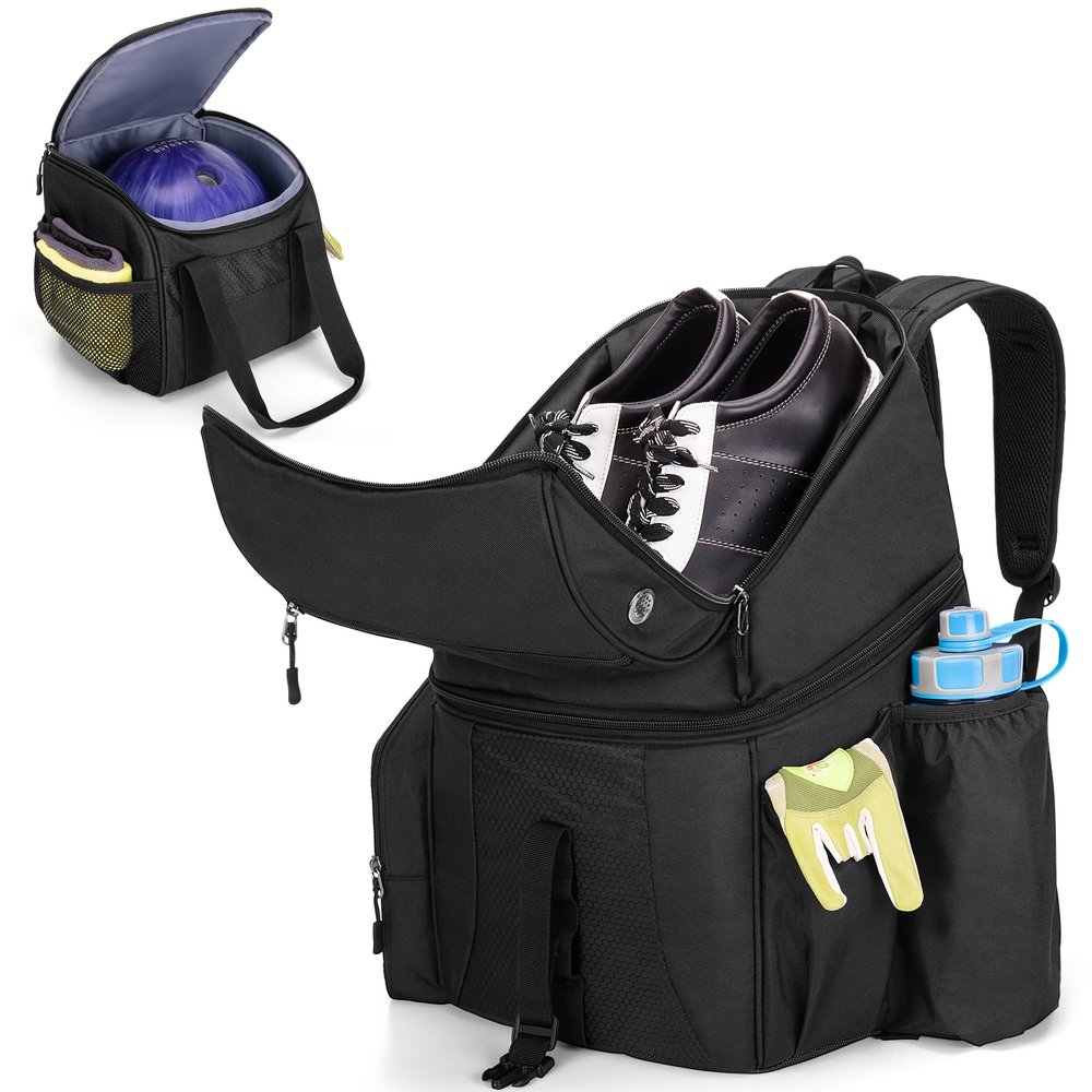 DSLEAF Bowling Backpack and Separate Ball Bag Combo, Bowling Ball Bag with Wooden Ball Holder and Shoe Compartment for US Mens 16 and Multi-Pockets for Accessories (Patent Design)