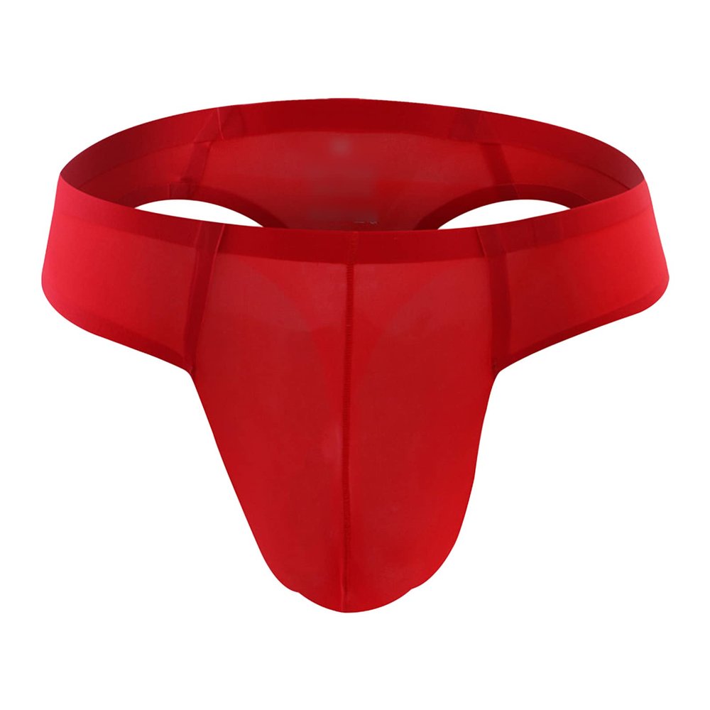 JEsilunmaMY Mens Ice Silk Underwear Solid Low Rise Bulge Pouch G-String Panties Breathable Seamless Sexy Thong Underpants (Red,Large)