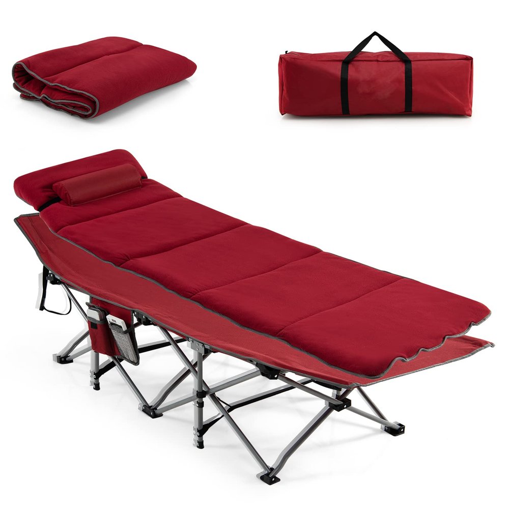 Goplus Camping Cot, Folding Camping Cot with Mattress, Pillow, Carry Bag, Storage Pocket, Camping Bed Military Cot for Home Office Nap Hiking, Heavy-Duty Portable Sleeping Cot for Adults Kids (Wine)