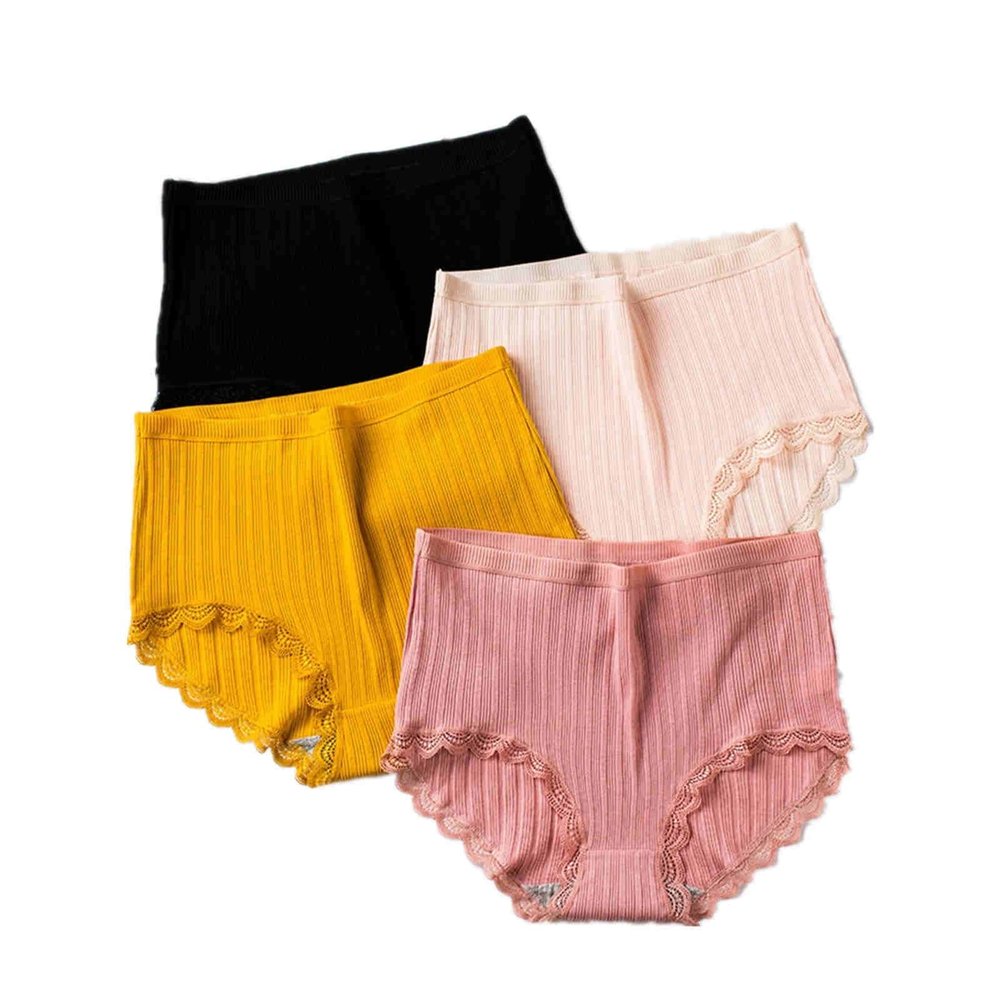 4pcs Women's High Waist Briefs Lace Lingerie Sexy Panties Plus Size Underwear Loose No Trace Summer Shorts Breathable (Color : 1, Size : Large)