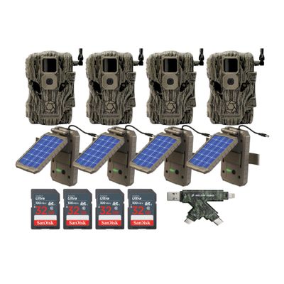 Stealth Cam Fusion X 26 MP Photo and 1080P Video Wireless Hunting Trail Camera (4-Pack) Bundle with Lithium Solar Power Panel (4-Pack), 4-In-1 Card Reader, and 32GB Memory Card (4-Pack) (13 Items)