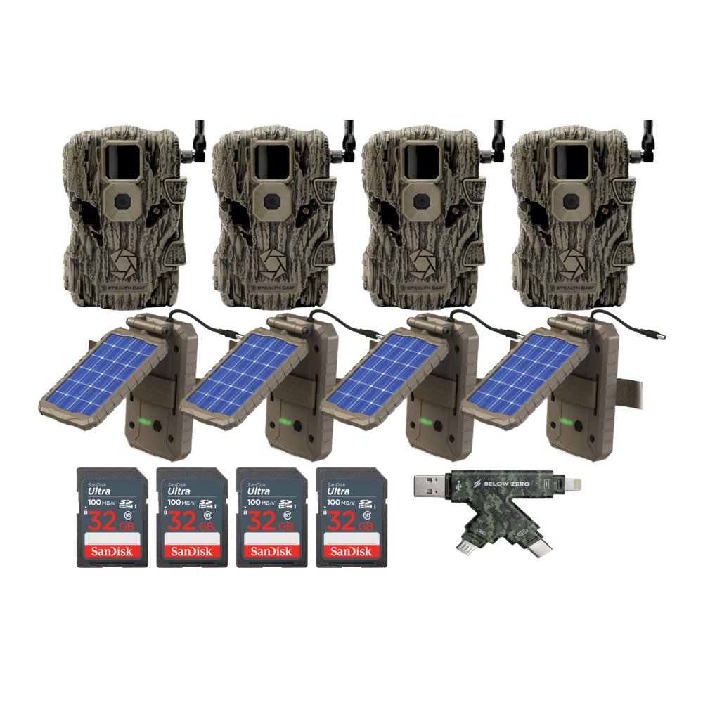 Stealth Cam Fusion X 26 MP Photo and 1080P Video Wireless Hunting Trail Camera (4-Pack) Bundle with Lithium Solar Power Panel (4-Pack), 4-In-1 Card Reader, and 32GB Memory Card (4-Pack) (13 Items)