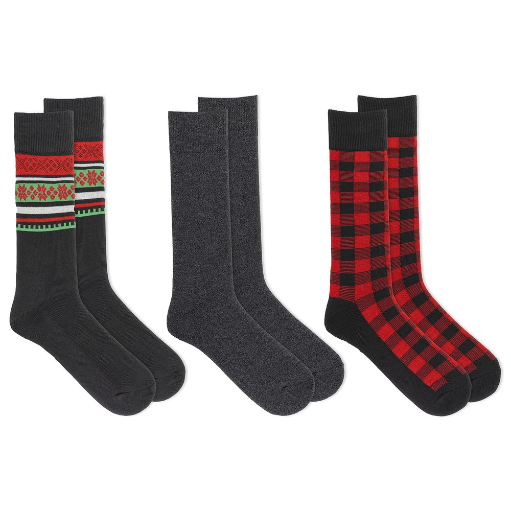 Chaps Men's Casual Lightweight Fairisle Buffalo Check Crew Socks 3 Pair Pack, Black Assorted, Men's Shoe Size: 6-12